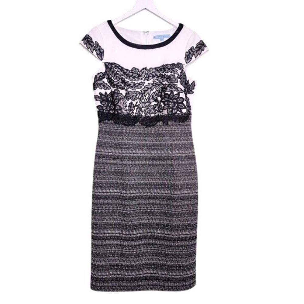 ANTONIO MELANI Ivory Black Sheath Dress Cocktail Business Cocktail Embroidered 2